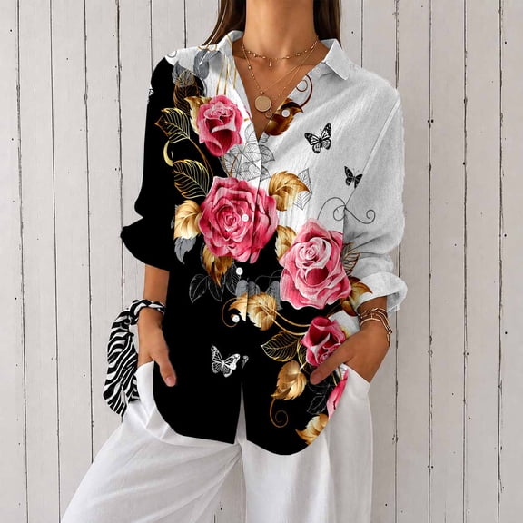 Women’s Casual Printed Button Down Long Sleeve Blouse Shirt