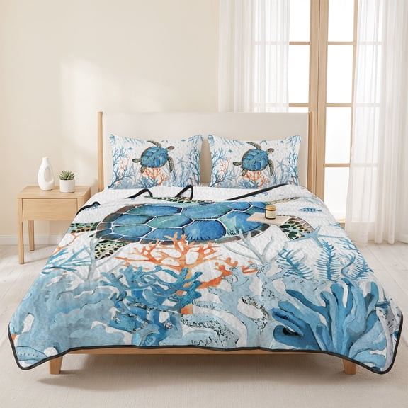 Queen Quilt Set, Sea ​​turtle Blue Coral Starfish Lightweight Quilt Sets Summer Comforter Coverlets with 2 Pillow Shams, Ocean World Marine Life Breathable 3 Piece Bedding Set for All Seasons