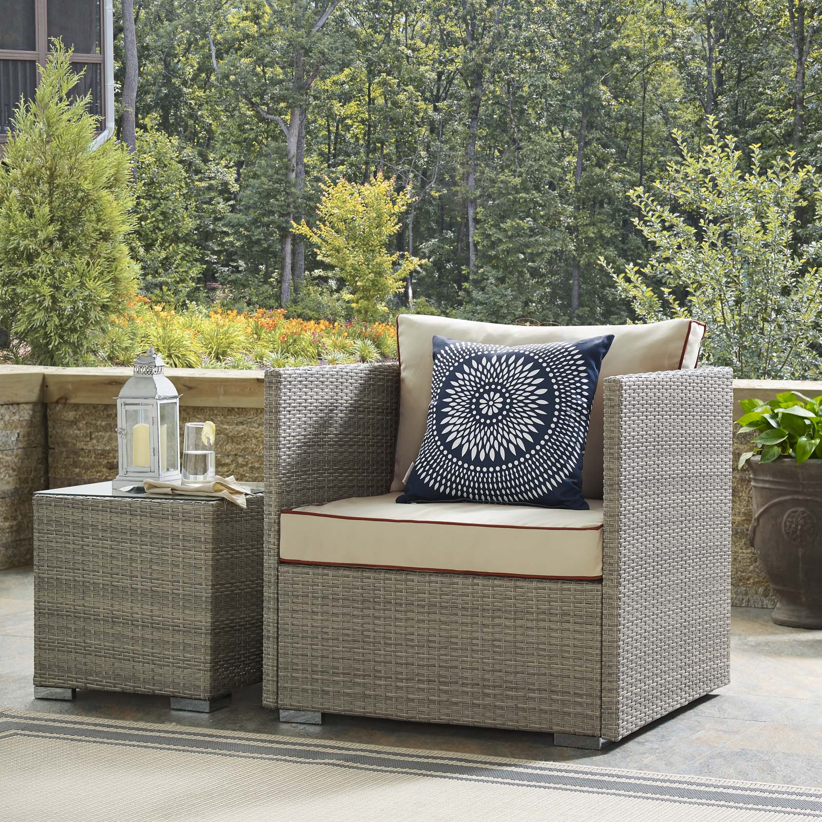 Modern Contemporary Urban Design Outdoor Patio Balcony Garden Furniture Lounge Chair Armchair, Sunbrella Rattan Wicker, Light Gray Beige - image 2 of 4