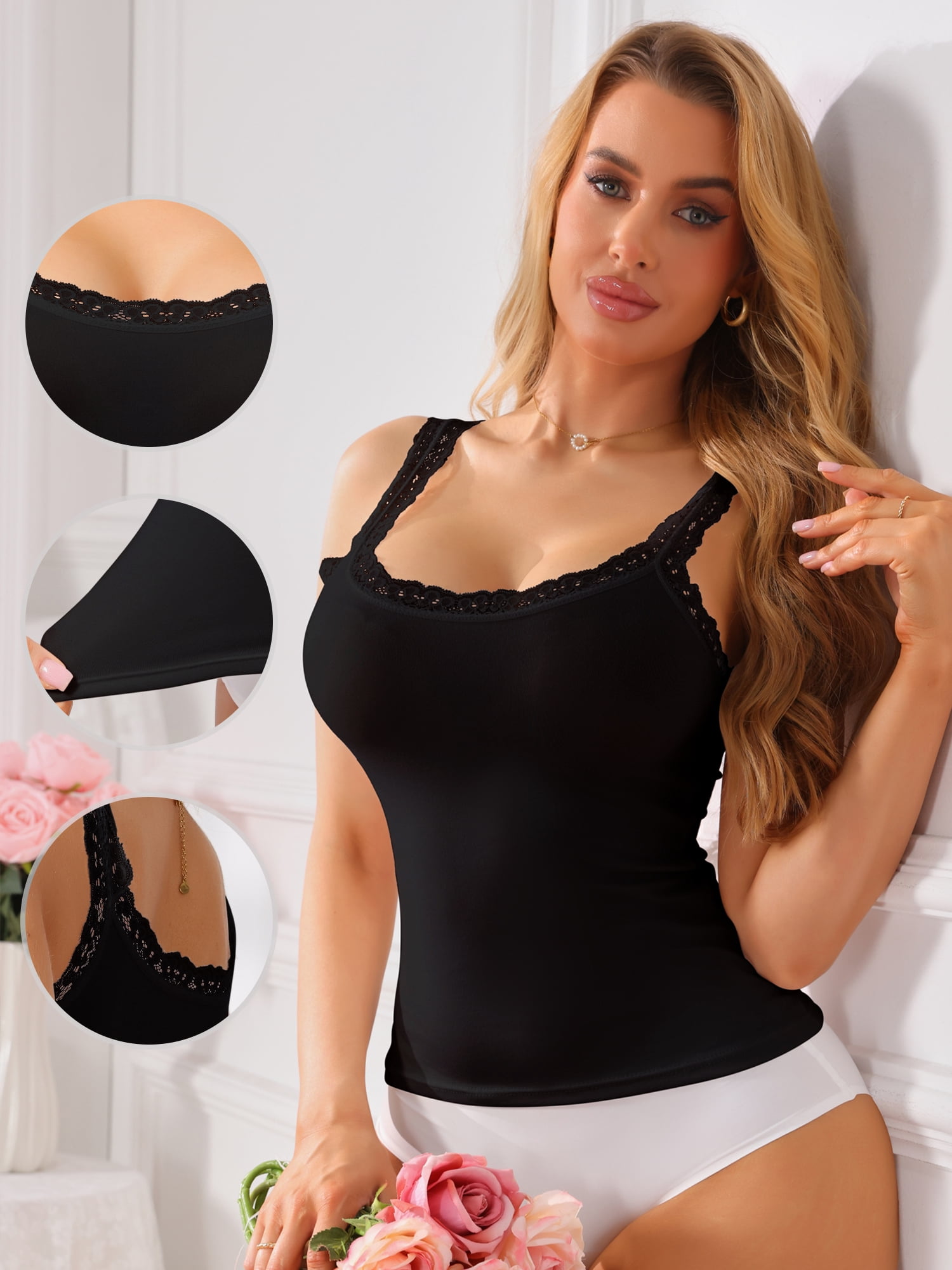 DARING DIVA Women's Slim-Fit Lace Trim Camisoles Ribbed U Neck Tank Top X-Large Black