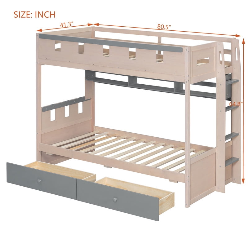 Twin Size Castle-Designed Kids's Bunk Bed with Built-in Ladder & LED Strip, Storage Wooden Bed Frame with 2 Drawers & Shelves