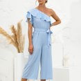 thumbnail image 5 of Gibobby Mono Ajustado de Verano Mujer Verano Casual Hombro inclinado Manga corta Volantes Cintura alta Pantalones largos Monos de pierna ancha Mamelucos(Aqua， M), 5 of 5