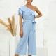 thumbnail image 5 of Gibobby Mono Ajustado de Verano Mujer Verano Casual Hombro inclinado Manga corta Volantes Cintura alta Pantalones largos Monos de pierna ancha Mamelucos(Aqua， L), 5 of 5
