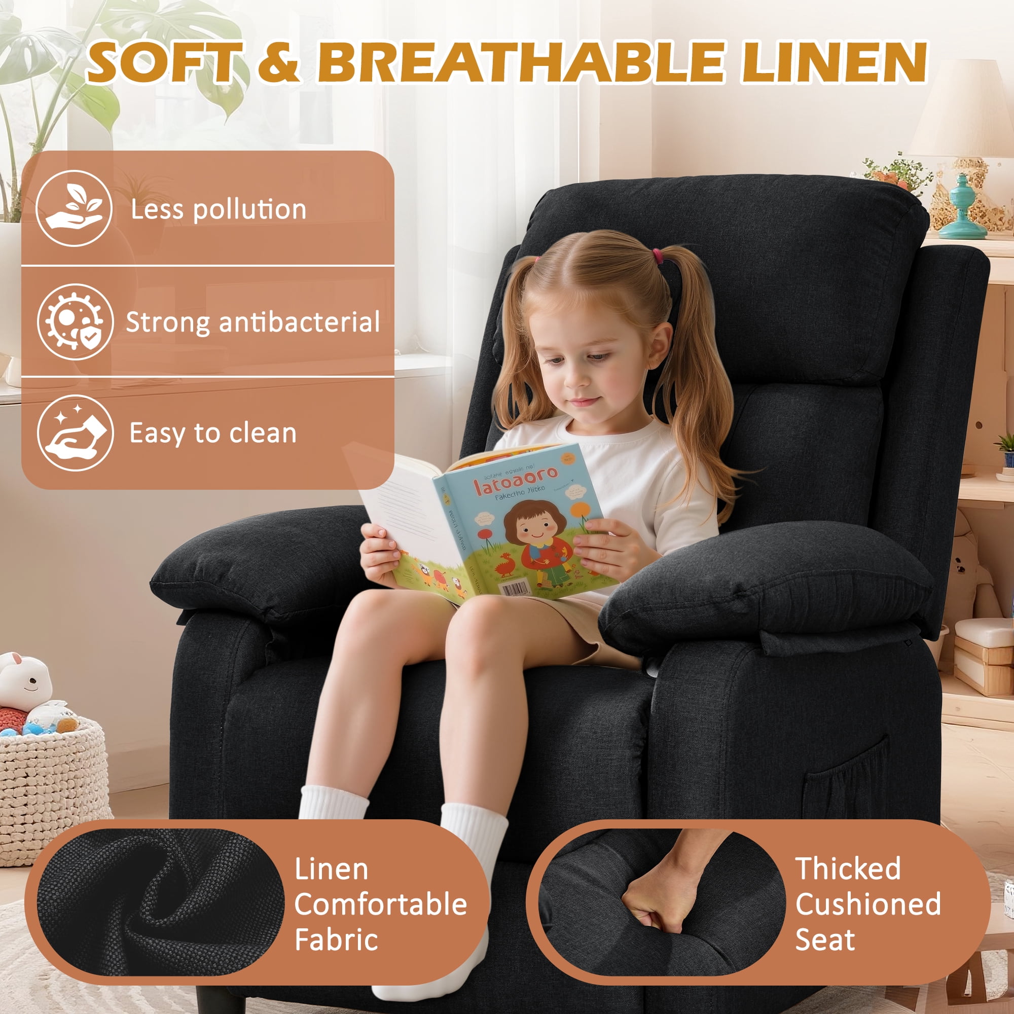 Korser Manual Push Back Recliner Chair with Side Pockets,Recliner Chairs for Adults for Living Room,Small Recliners for Small Spaces,Linen,Black