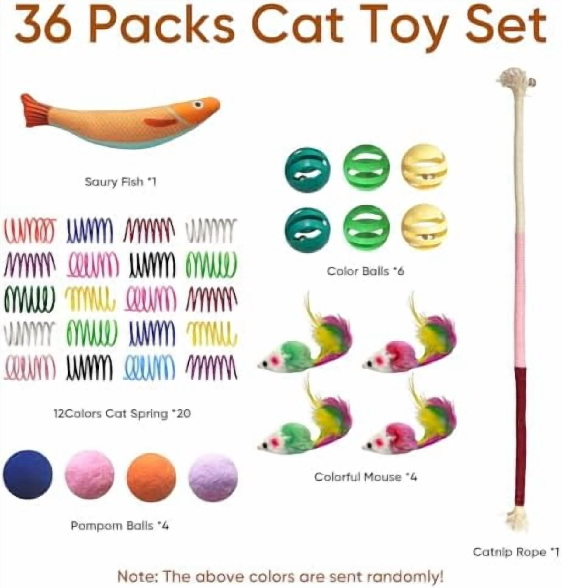 36 Pcs Interactive Cat Toys Set for Indoor Cats Kitten Toys Variety Pack Includes Plush Fish, Chew Ropes,12Colors Cat Springs, Feather Mice and Balls Best Gift to Relieve Boredom for Adult Cats
