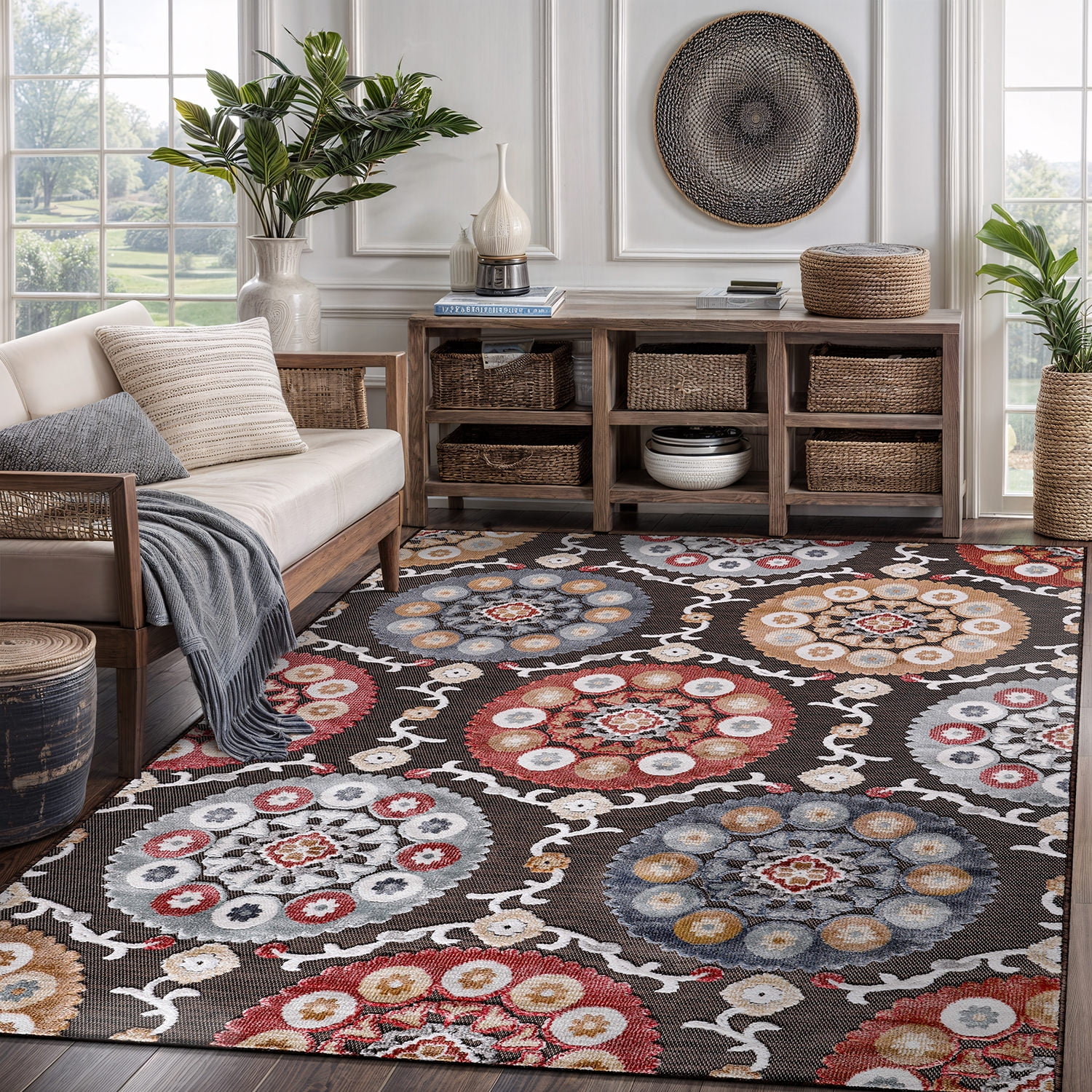 CAMILSON Spring Bohemian Medallion Floral Easy-Cleaning Non-Shedding Washable Outdoor Indoor Area Rug Brown 10x14