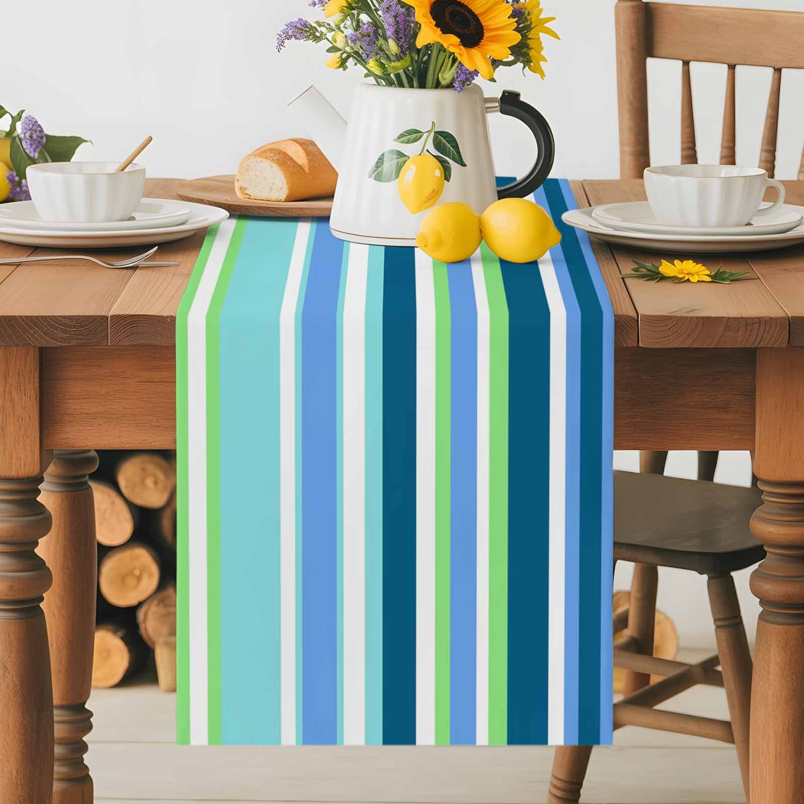 Blue Gradient Colorful Stripe Table Runner 90 Inches Long, Classic Line Table Runners Tabletop Scarf Kitchen Dining Tables Decoration for Home Party Indoor Outdoor