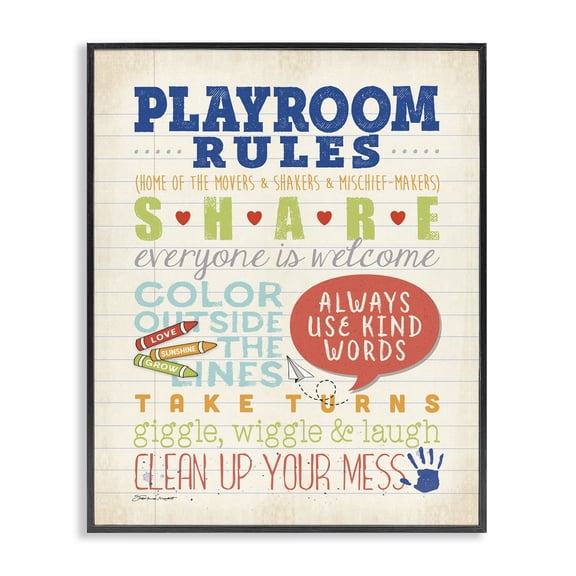 Stupell Industries Contemporary Playroom Rules Notebook Paper Black Framed Giclee Art, 11 x 14, by Stephanie Workman Marrott