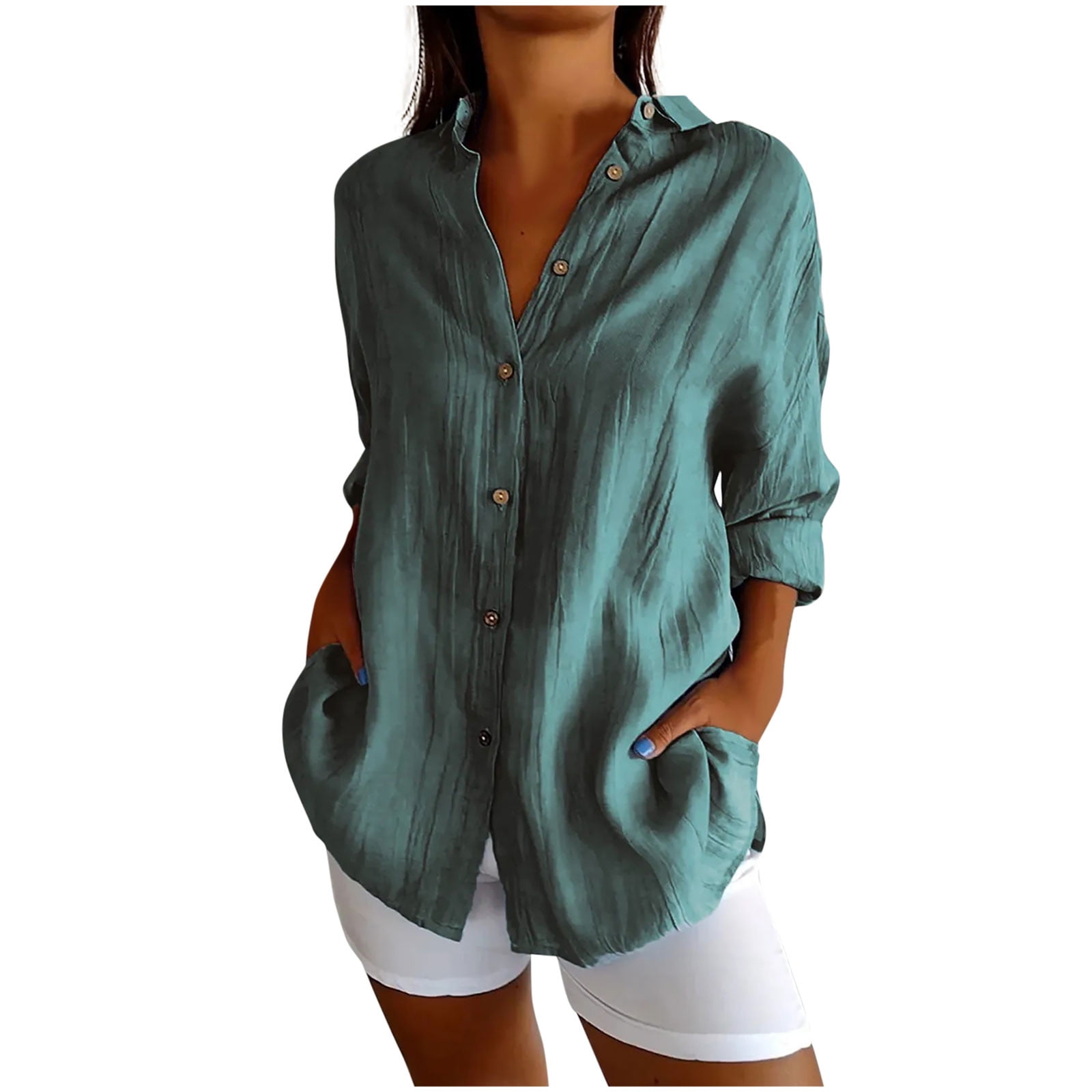 ylioge S-4X Plus Size Shirts for Women 3/4 Sleeve Button-Down Blouses Tops Womens Casual Lightweight Solid Color Collared Work Tshirts Top