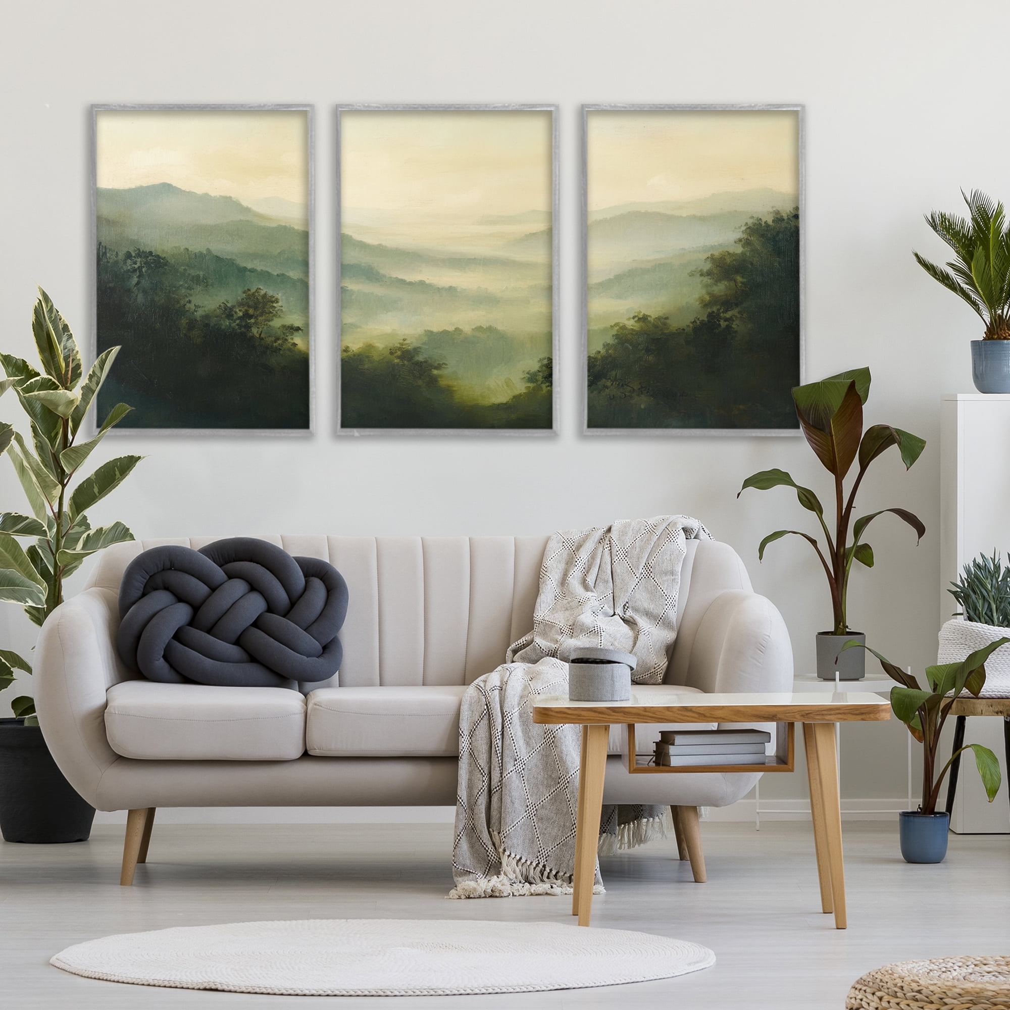 Stupell Industries Through The Haze Mountain Panorama 3 Piece Gray Framed Giclee Art Set, design by Petal Prints Design