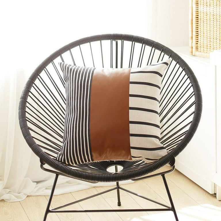 Faux Leather And Monochromatic Stripes Decorative Pillow Cover Faux Leather And Monochromatic Stripes Decorative Pillow Cover