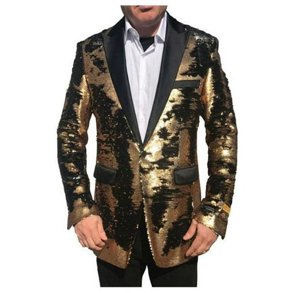 Men's Gold Shiny Black Peak Lapel Paisley Look Fashion Tuxedo Sport Coat Jacket By Alberto Nardoni Brand Designer