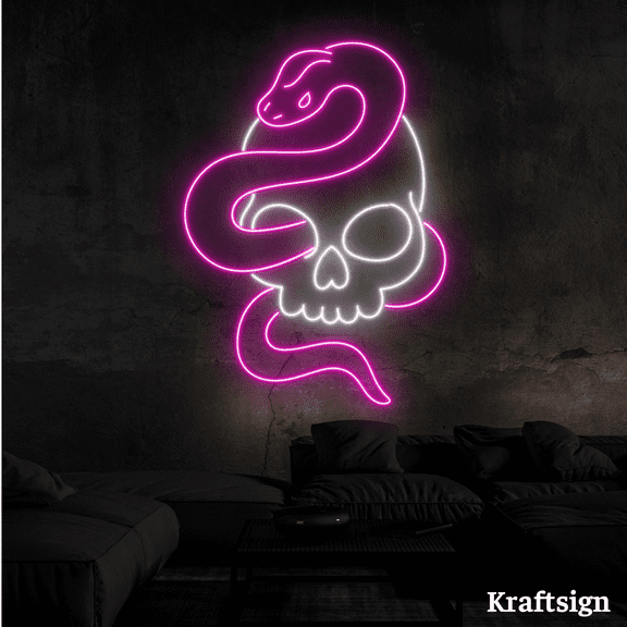 Craftnamesign Skull Snake Neon Sign, Men Cave Decor, Tattoo Shop Wall Art