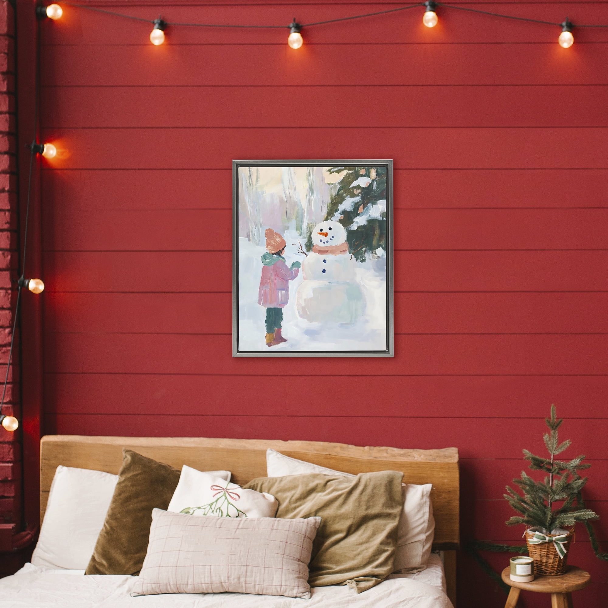 Stupell Industries Girl & Snowman in Winter Gray Framed Floater Canvas Wall Art, design by The Prints Vibe