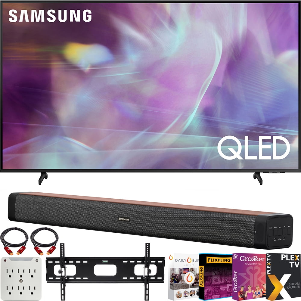 Samsung QN65Q60AA 65 Inch QLED 4K Smart TV (2021) Bundle with Deco Home 60W 2.0 Channel Soundbar + 37"-100" TV Wall Mount Bracket + Premiere Movies + 6-Outlet Surge Adapter