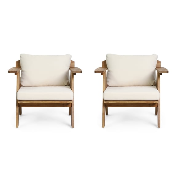 Gearwell Patio Club Chairs, Set of 2 Acacia Wood Outdoor Armchairs and Accent Chairs with Cushions, Teak Finish and Beige, 30.75 W x 30.25 D x 26 H for Porch Garden