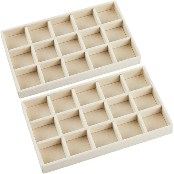 2Pcs 5 x 8.3 Inch Stackable Jewelry Trays Earring Holder Organizer White 15 Grids Velvet Dresser Jewelry Drawer with Removable Divider for Bracelet Ring Watch Trinket Display Showcase