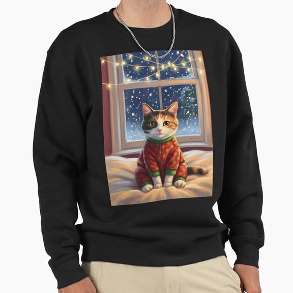 Calico Cat In Christmas Pajamas Graphic Unisex Sweatshirt Cute Retro Vintage Art G21874, Up to Size 5XL