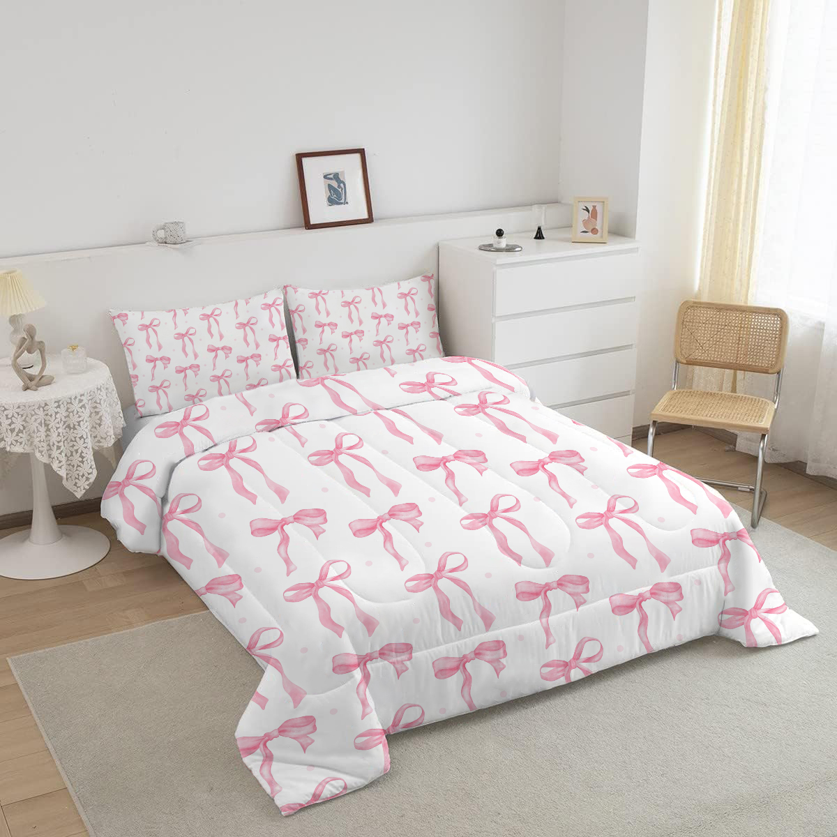 JJCOITR Pink Bow Comforter Set Queen Size for Girls Kids Romantic Princess Style Bowknot Bedding Set Heart Comforter Sets with 2 Pillowcases 3Pcs
