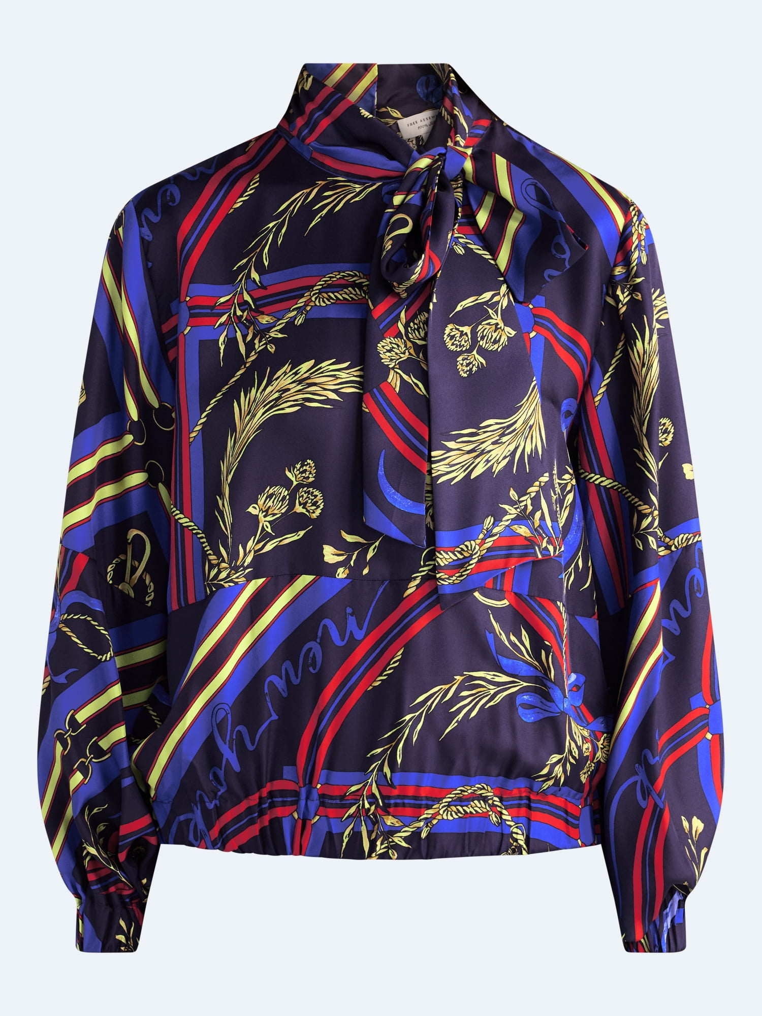 Free Assembly Women's and Women's Plus Silk Tie Neck Top with Long Sleeves, Sizes XXS-4X