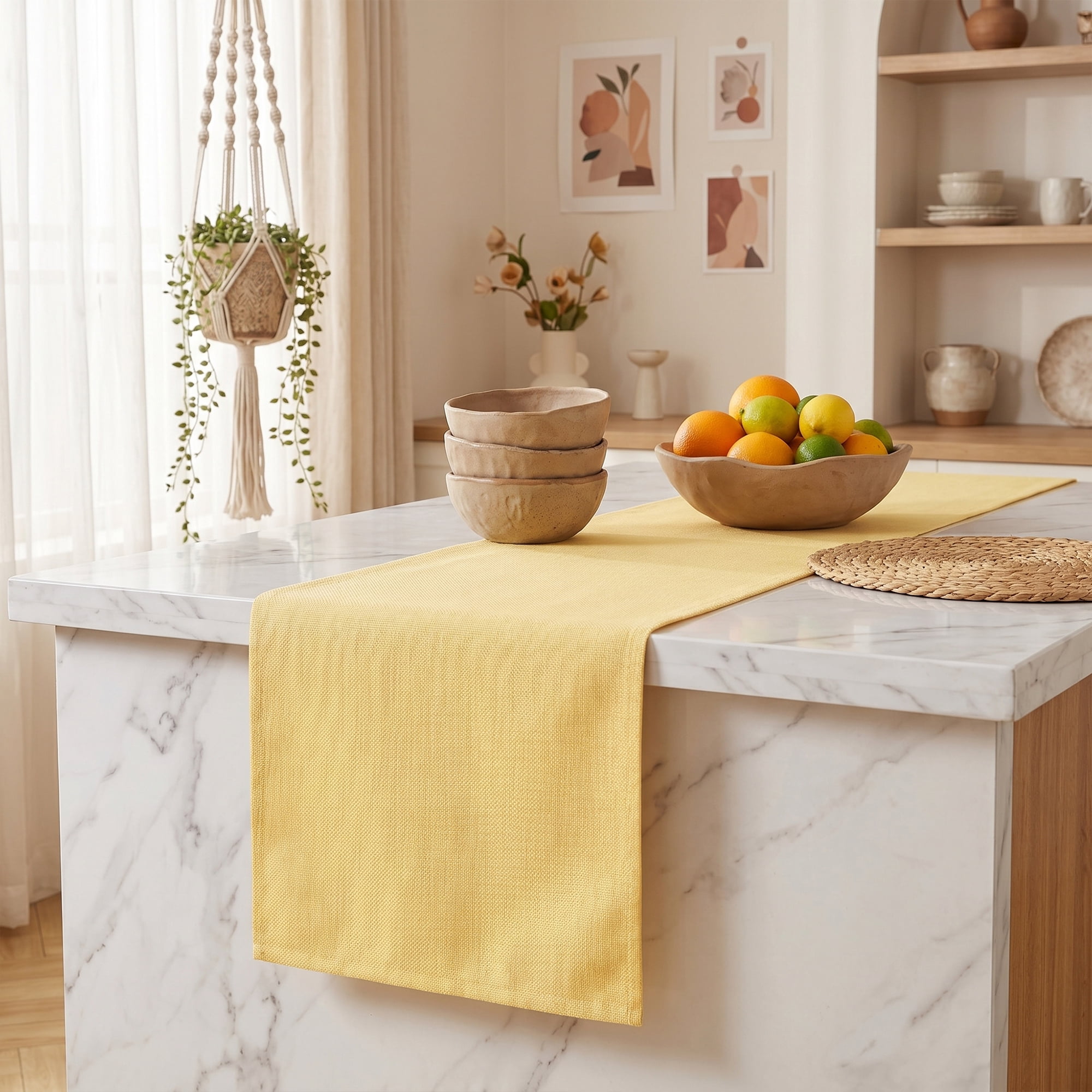 Washable Polyester Kitchen Runner for Dining Table Decoration Yellow 13" x 60.2"