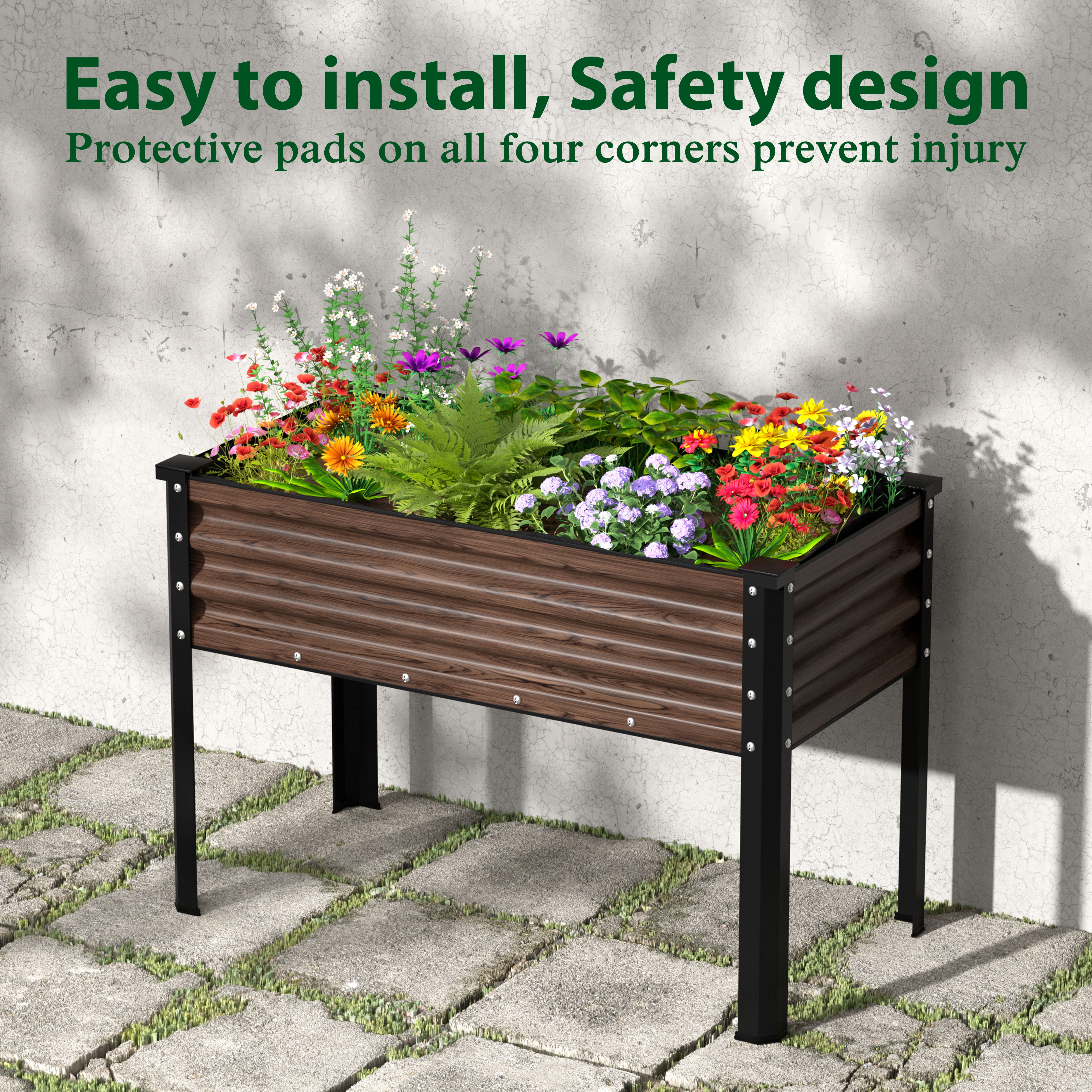 VEIKOUS 48"L×23"W×32"H Galvanized Steel Raised Garden Bed W/Drainage, Liner & Corner Protectors, Rustic