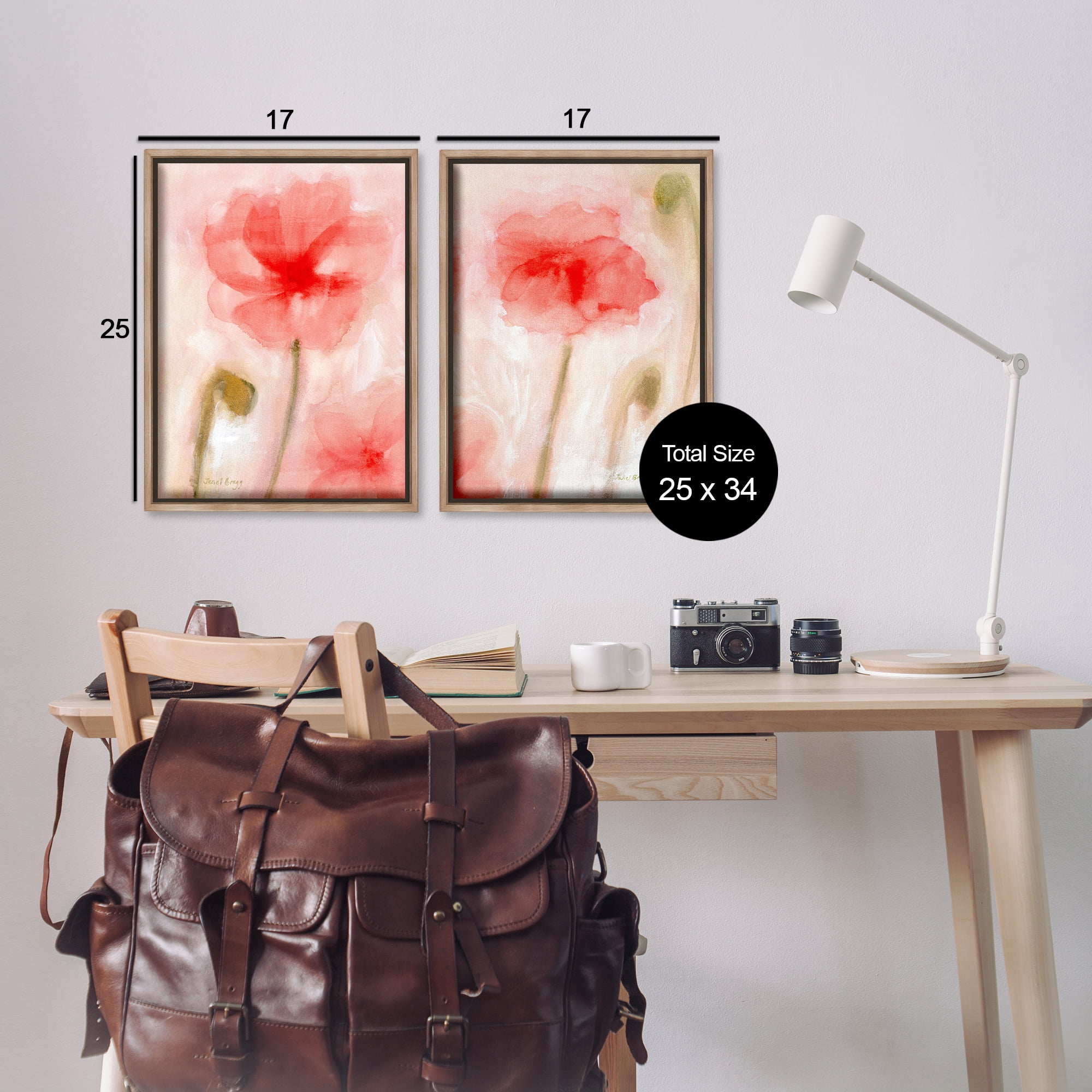 Stupell Industries Beautiful Coral Poppy Blossom Plants & Flowers Painting Brown Floater Framed Canvas Art Print Wall Art, 17 x 25, Set of 2