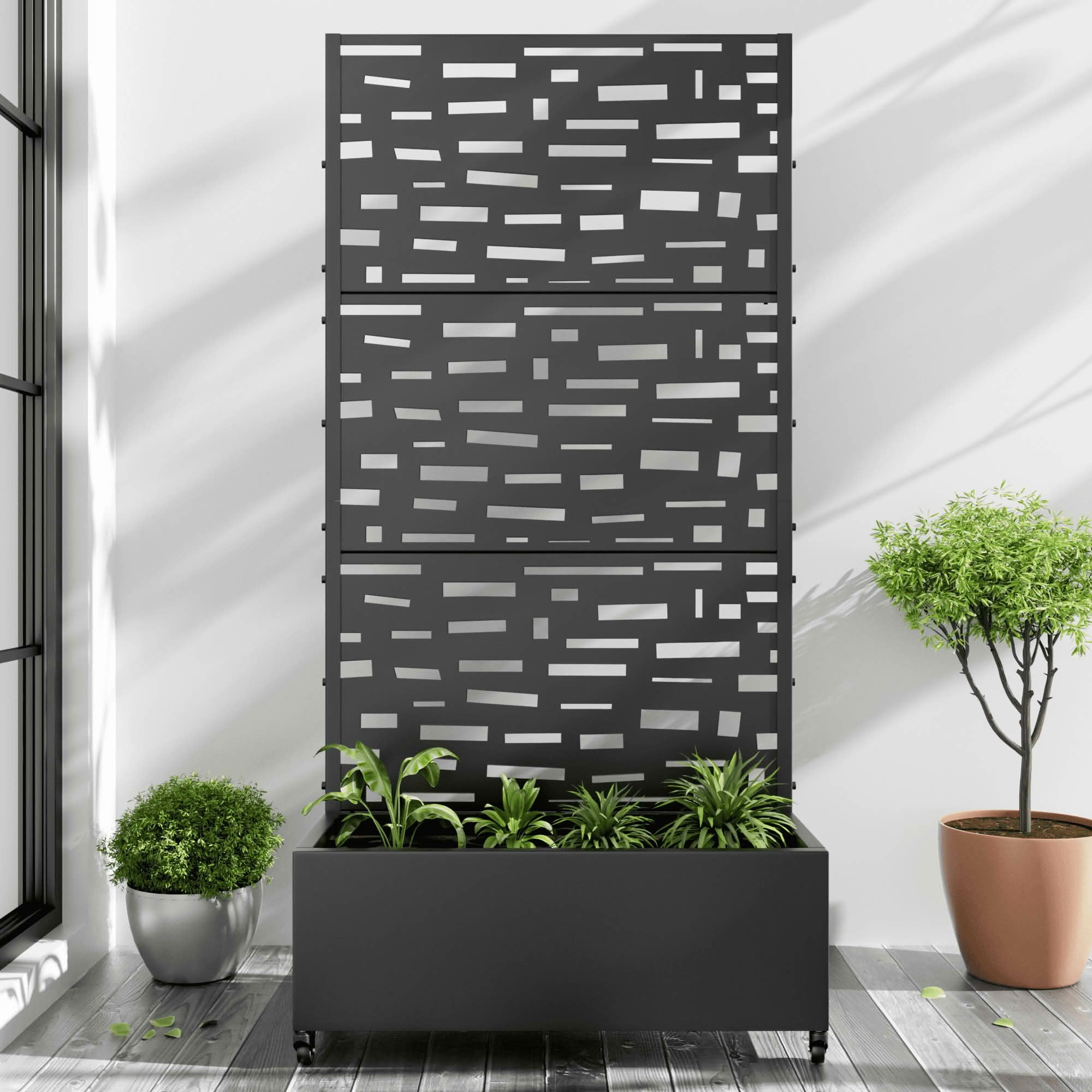 MAYEERTY 72x35x16 Inch Black Metal Rectangular Planter Box with Trellis, 5 Piece Set for Outdoor Garden & Patio