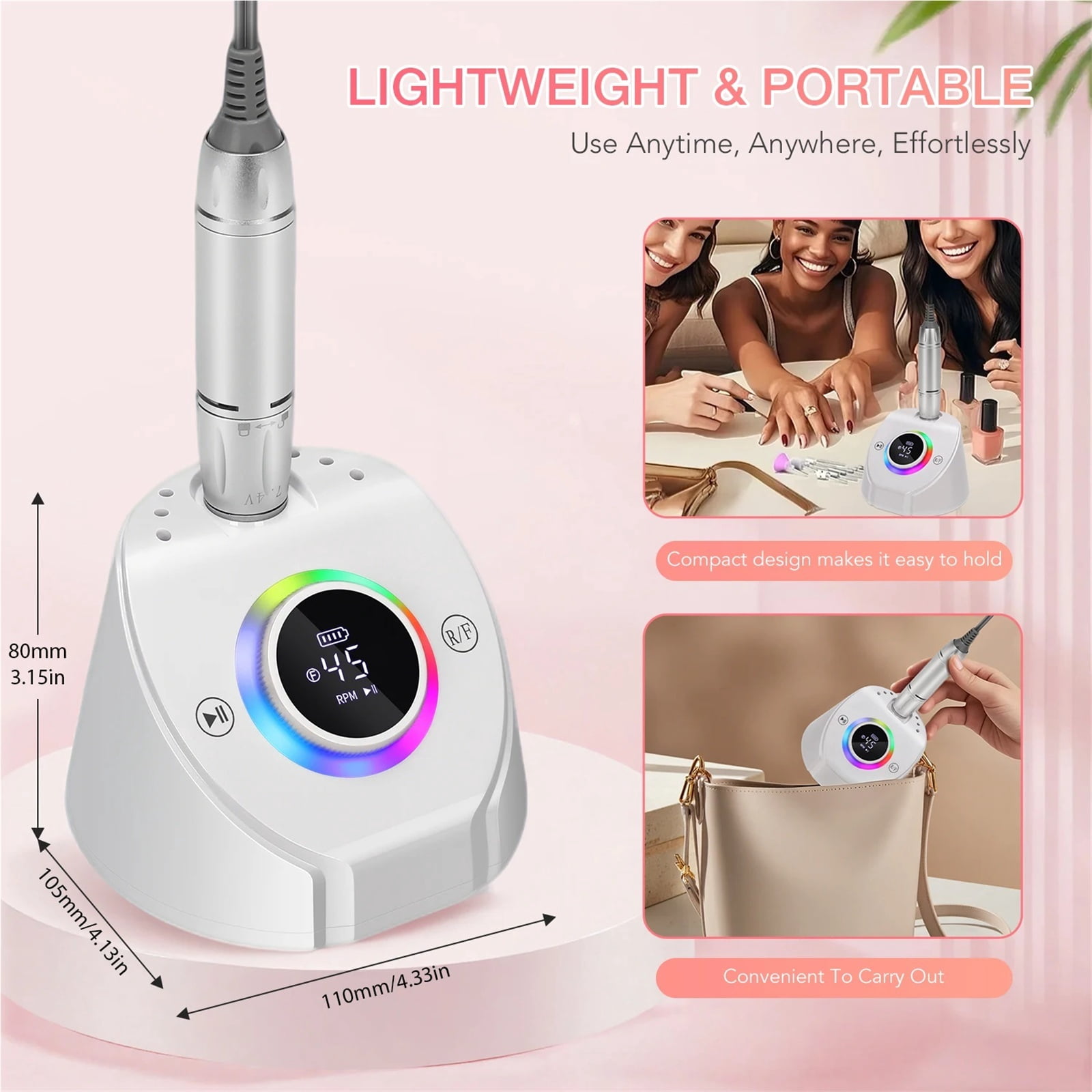 45000RPM Rechargeable Nail Drill Machine Desktop Polishing Machine Electric Sander Low Noise Nail Salon Tools