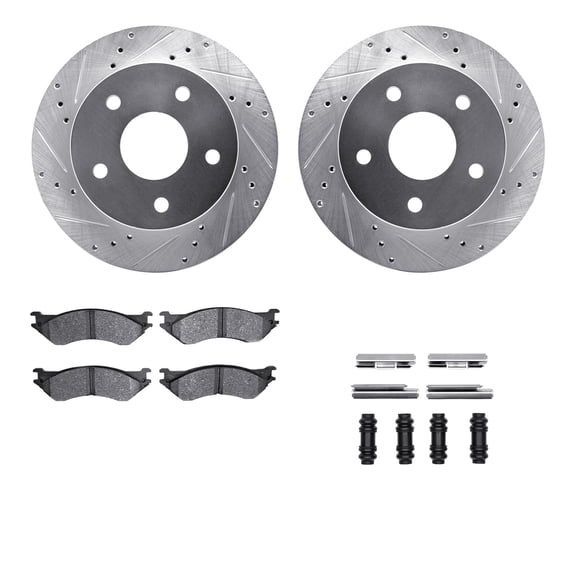 Dynamic Friction Company Front Brake Rotors-Drilled and Slotted-Silver with Ultimate Duty Performance Brake Pads includes Hardware 7412-40008