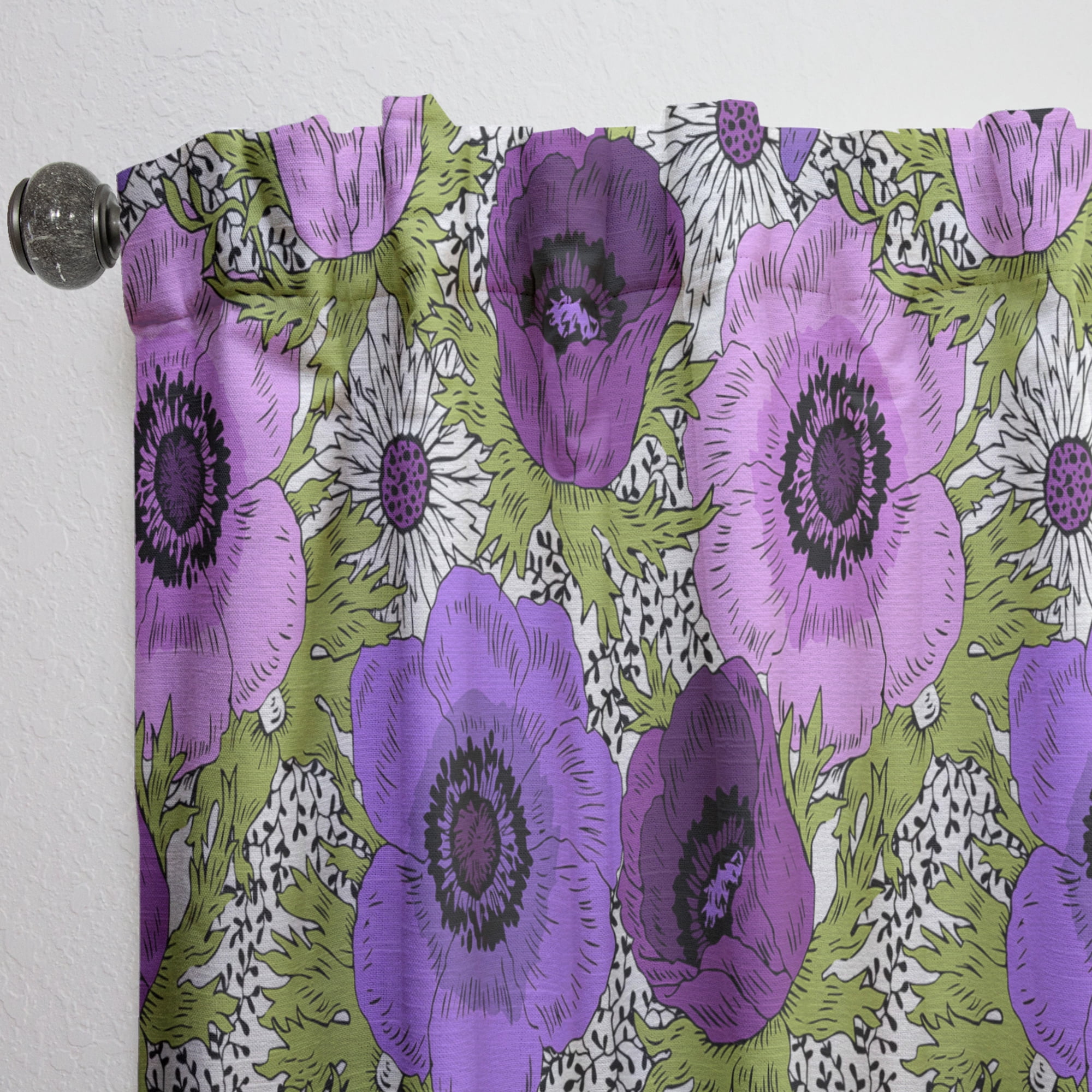 Designart 'Purple Fantasy Flowers Retro Pattern' Mid-Century Modern Curtain Panel
