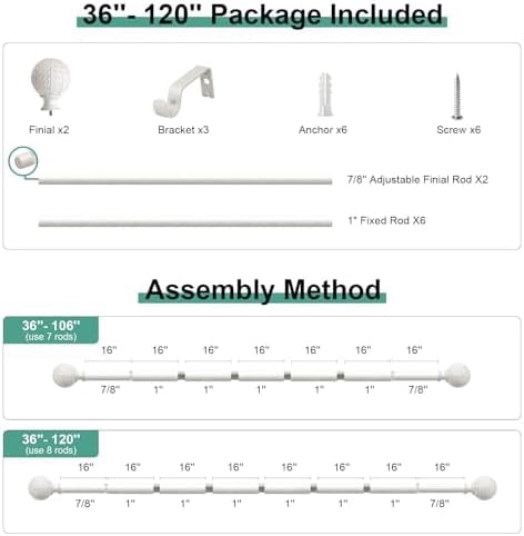 White Curtain Rods for Windows 66 to 120 Inch,1'' Diameter Drapery Rods with Leaf Pattern Finials,Boho Adjustable Heavy Duty Curtain Rods Set,36-120'',Antique White