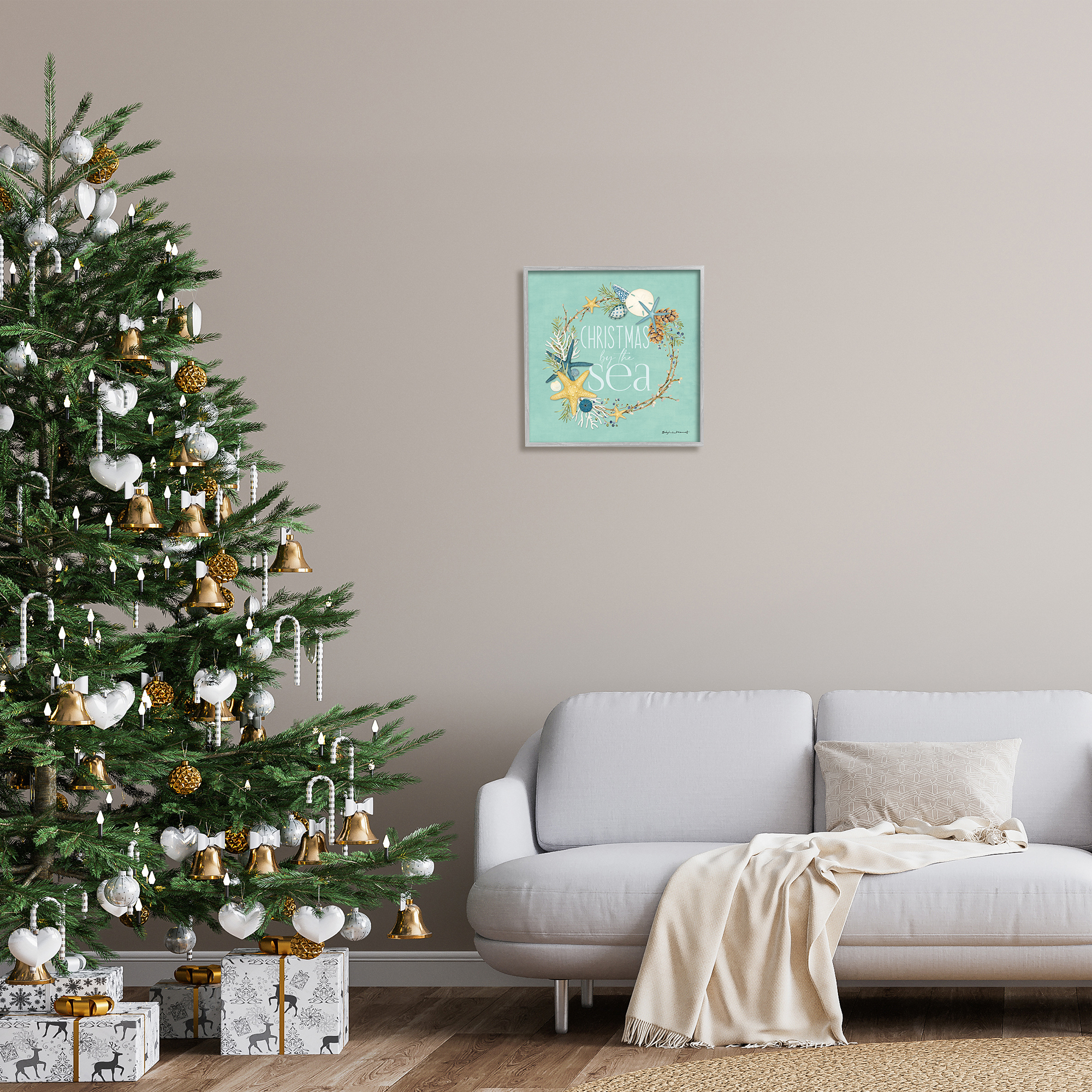 Stupell Industries Christmas By The Sea Wreath Holiday Painting Gray Framed Art Print Wall Art