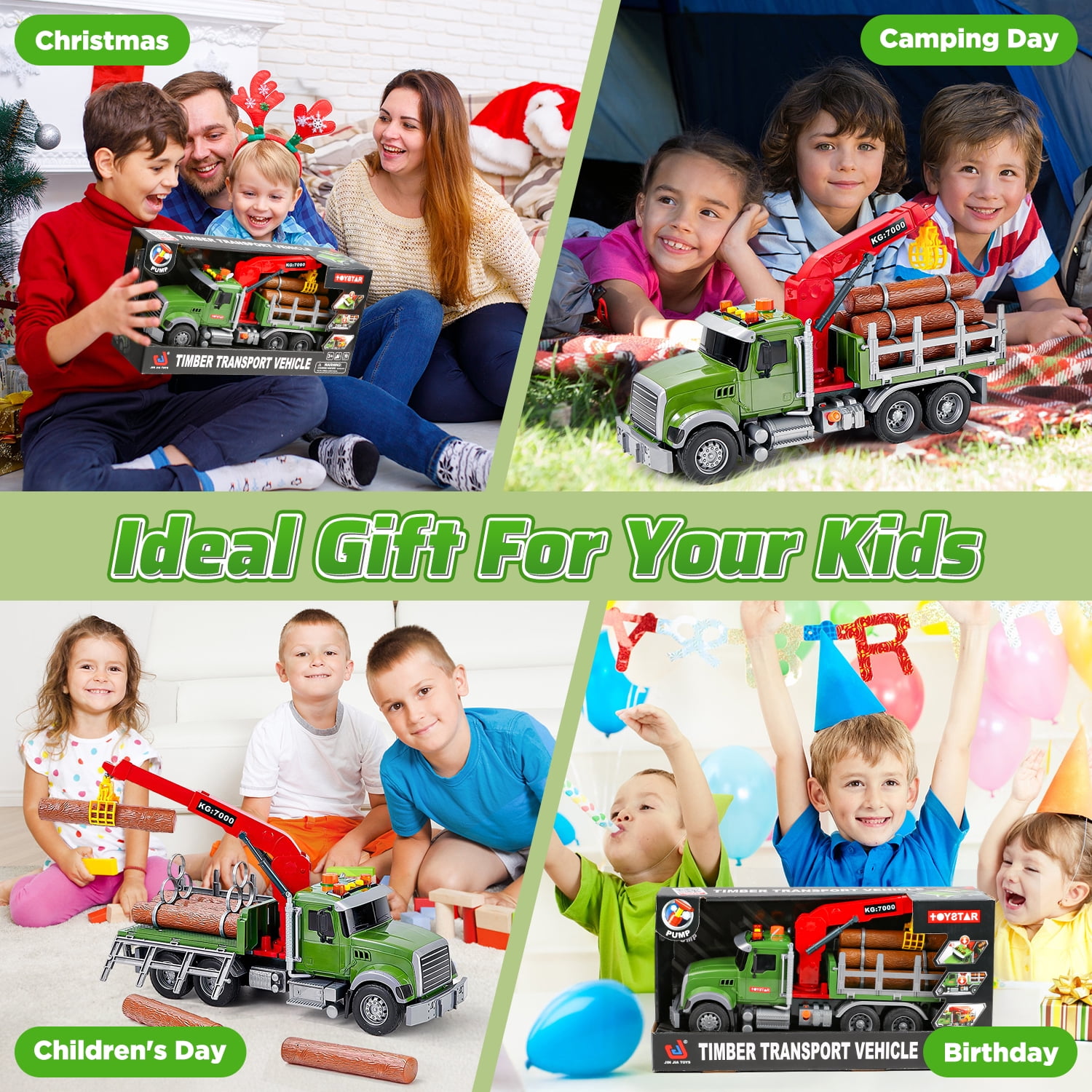 Huge Wave 15" Large Truck Toy for Boys, Kids Tow Truck Toys, with Loading Crane and 6 Timber, Lights and Sounds Christmas Birthday Gifts for 3-9 Year Toddler