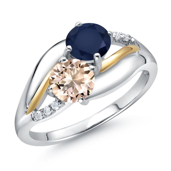 Gem Stone King 925 Sterling Silver and 10K Yellow Gold Peach Morganite Blue Sapphire and Lab Grown Diamond 2 Stone Engagement Ring for Women (1.04 Cttw, Round, October Birthstone, Size 9)