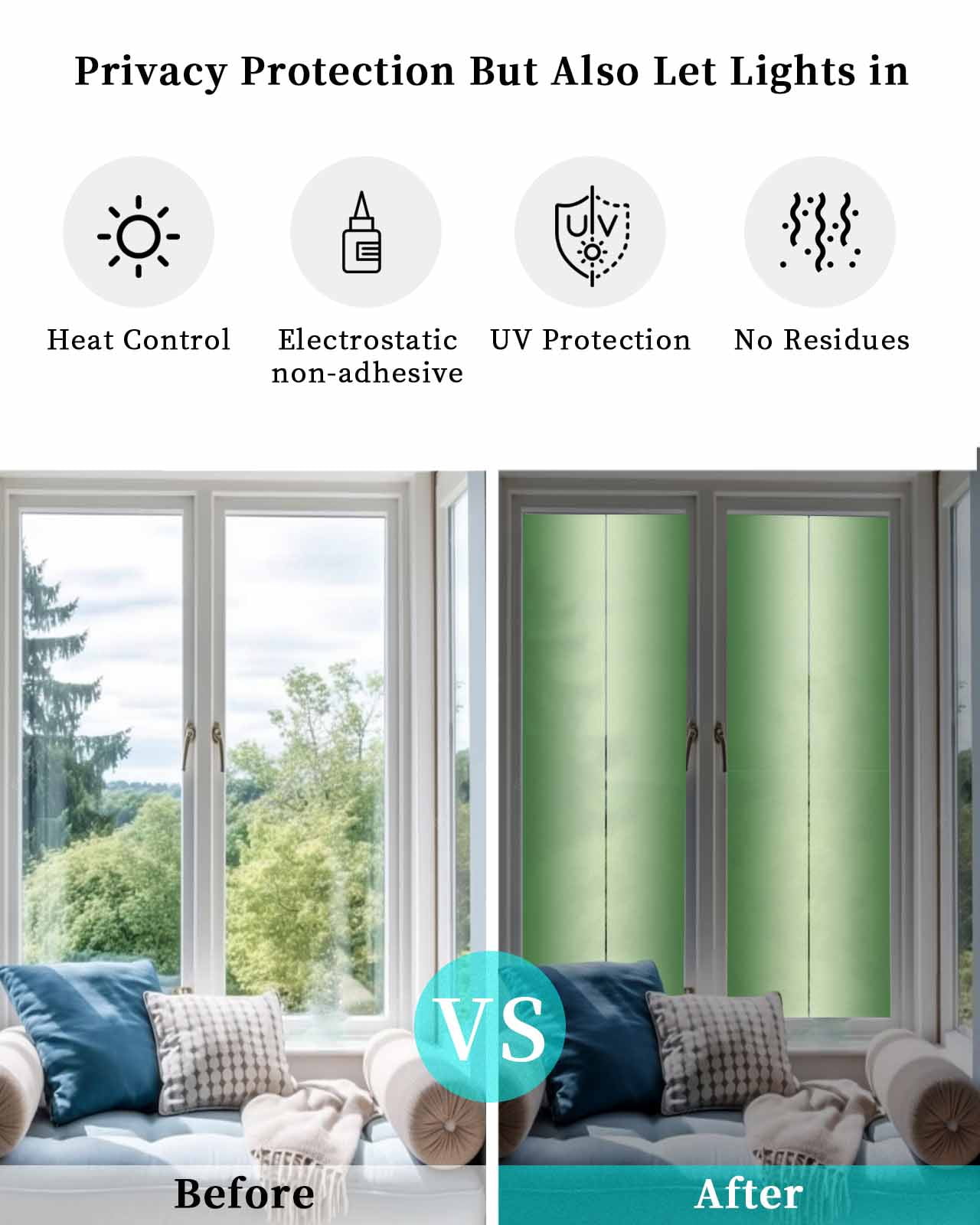 Window Privacy Film, Forest Green Ombre UV Sun Blocking Window Tint Film Heat Control One Way Blackout Window Film, Modern Abstract Gradient Color Art Non Adhesive Static Cling Sticker 29.5x118 In
