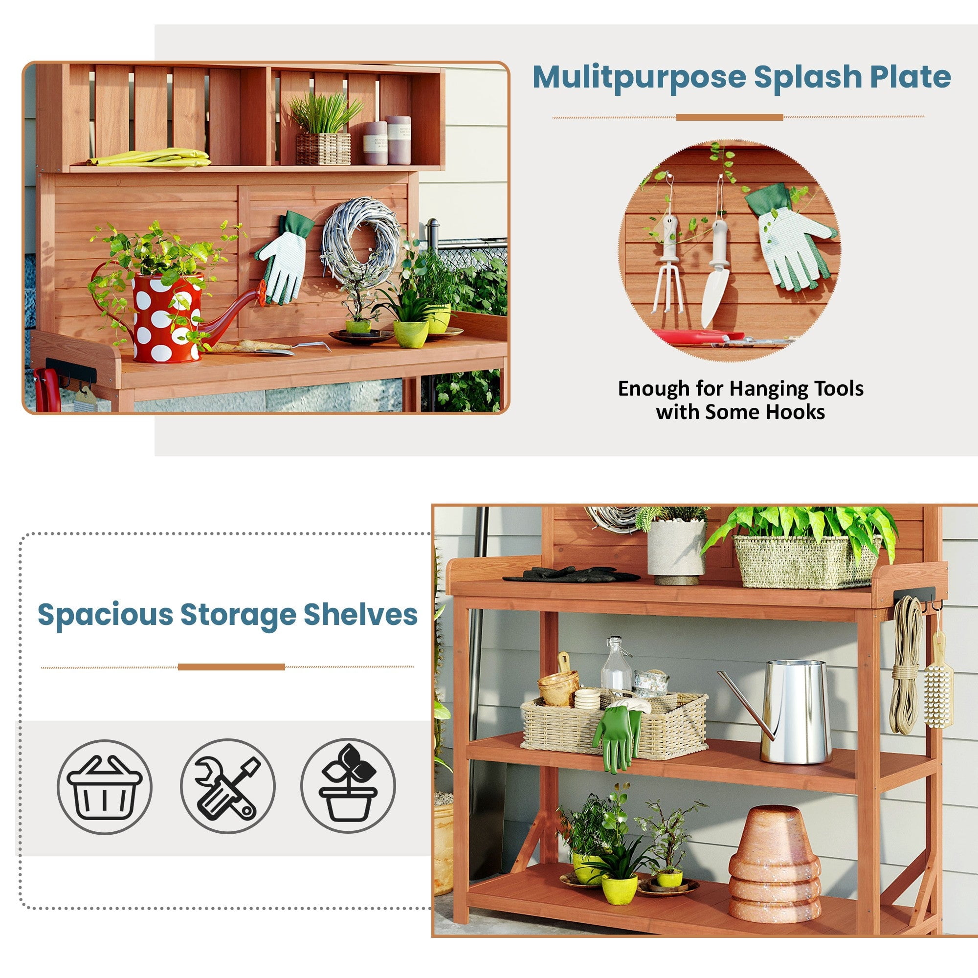 Sailvan 65" Farmhouse Wooden Outdoor Potting Bench Table,Large Patio Kitchen Island Garden Workstation with 4 Shelves and Hooks,Fir Wood Natural