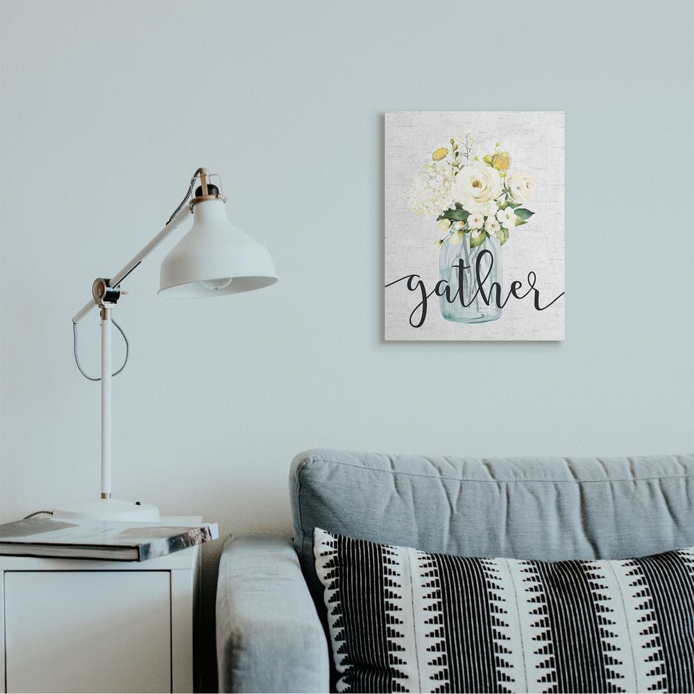 Stupell Industries Gather Phrase White Spring Bouquet Homey Sentiment Botanical & Floral Painting Gallery Wrapped Canvas Art Print Wall Art, 16 x 20