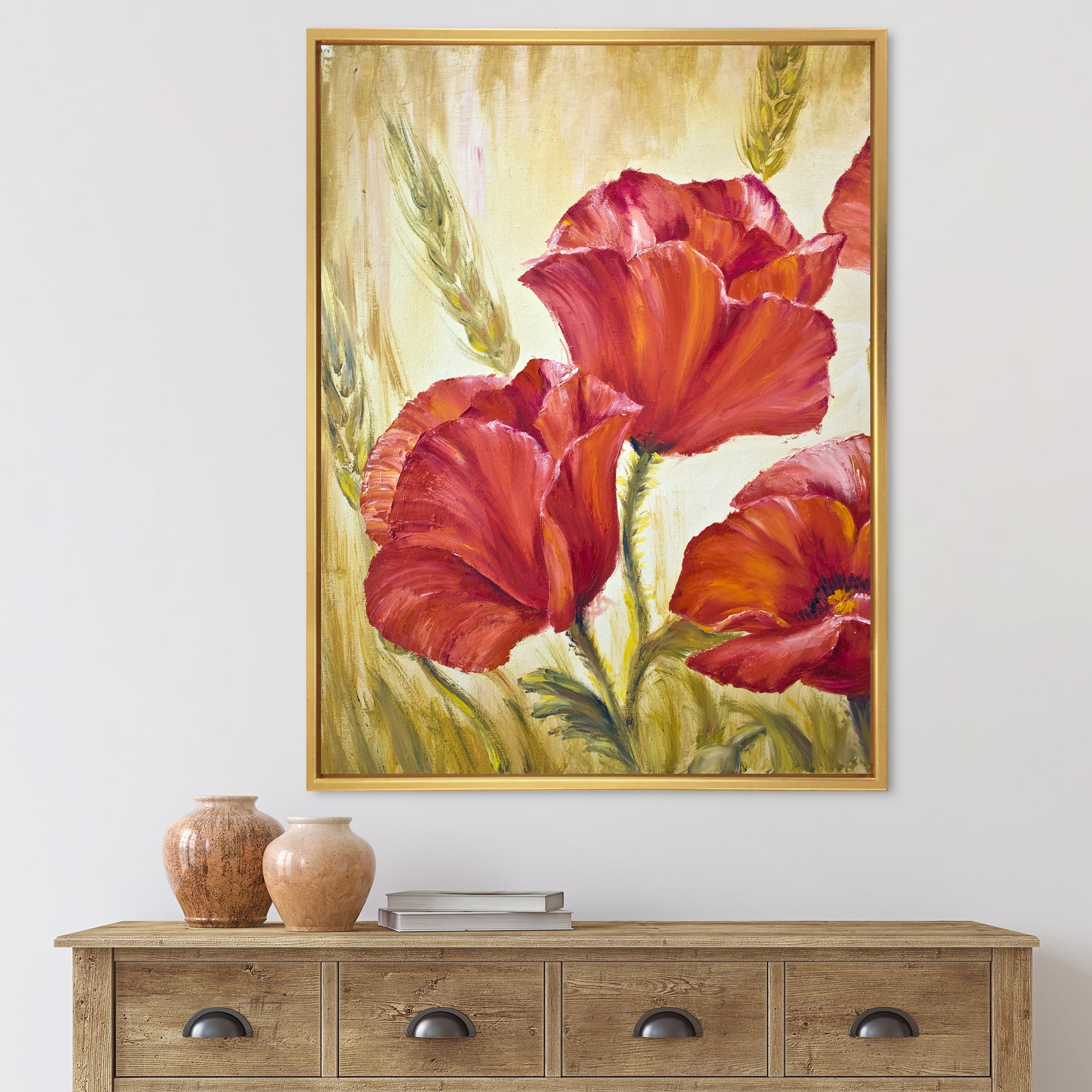 Blossoming Red Poppies In Wheat Fields II 30 in x 40 in Framed Painting Canvas Art Print, by Designart