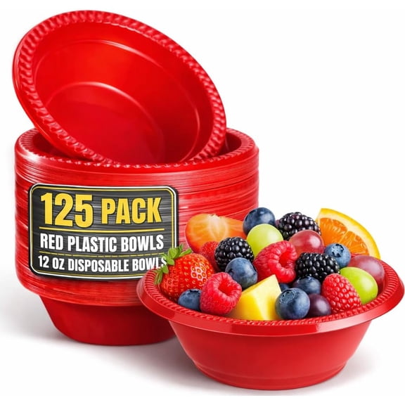 Red Plastic Bowls 12 Oz, Disposable Party - Soup (125 Pack)