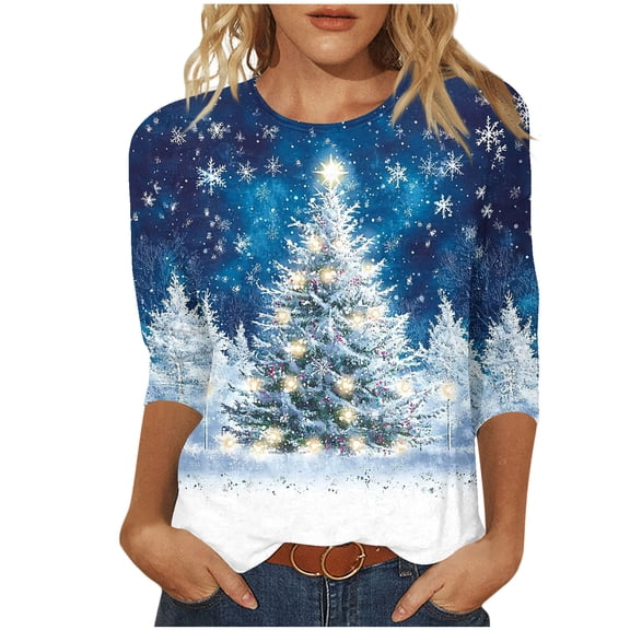 Aloohaidyvio Christmas Womens 3/4 Sleeve V Neck T-Shirts Merry Leopard Plaid Tree Graphic Tee Tops