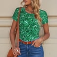 thumbnail image 4 of KLL Women 's Crew Neck Bodysuit Jumpsuits Green Glitter Print Short onesies Stretch T Shirts, 4 of 5