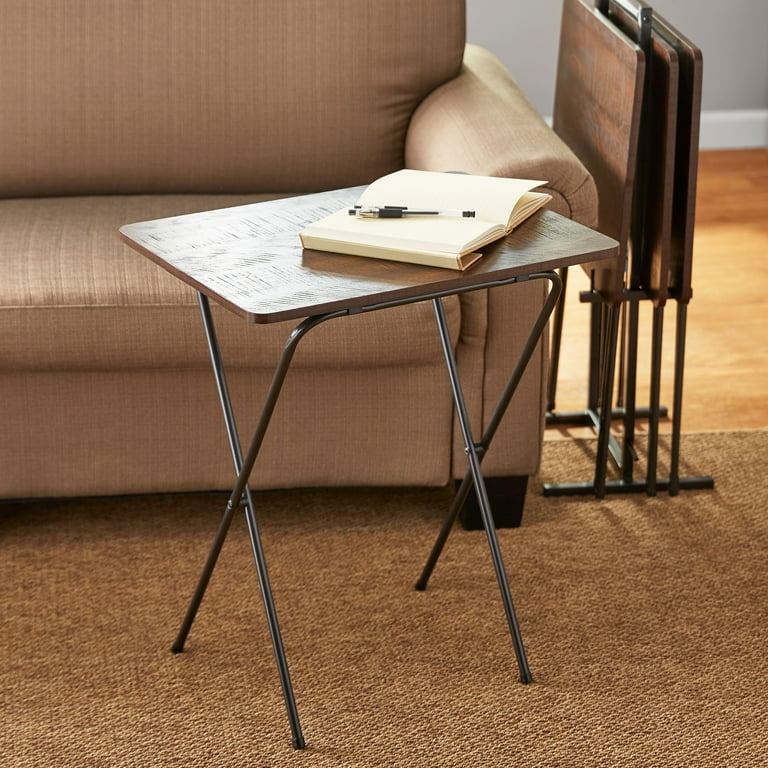 Mainstays 5 Piece Folding Tray Table Set with Stand Sawcut Brown Walmart