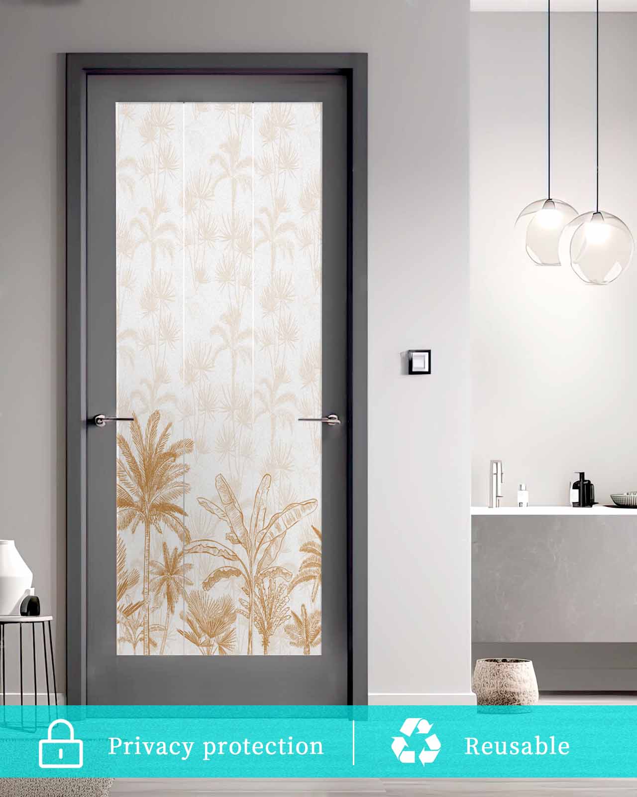 Window Privacy Film, Orange Tropical Palm Tree UV Sun Blocking Window Tint Film Heat Control One Way Blackout Window Film, Summer Botanical Monstera Plants Non Adhesive Static Cling 35.4x78.7 In