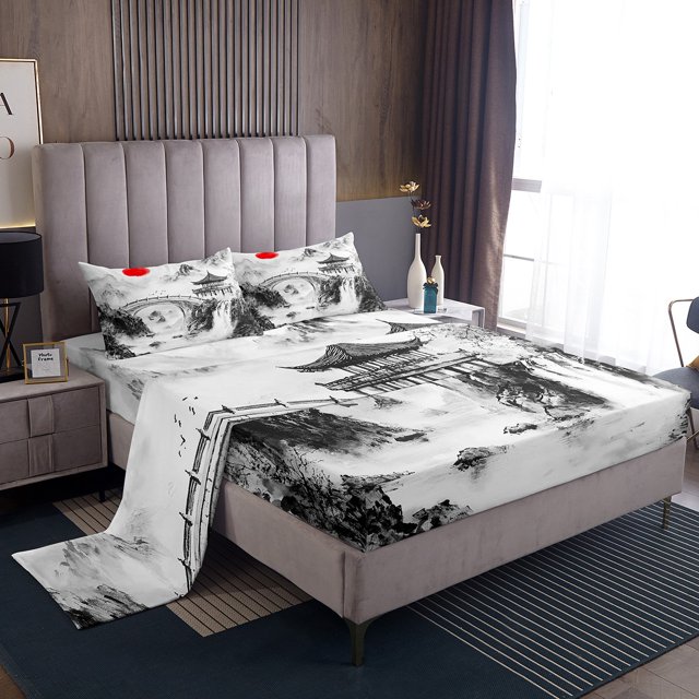 Erosebridal Japanese Mount Fuji Sheet Set Twin, Ink Printing Bedding Sets Twin Size, Teens 3 Pieces