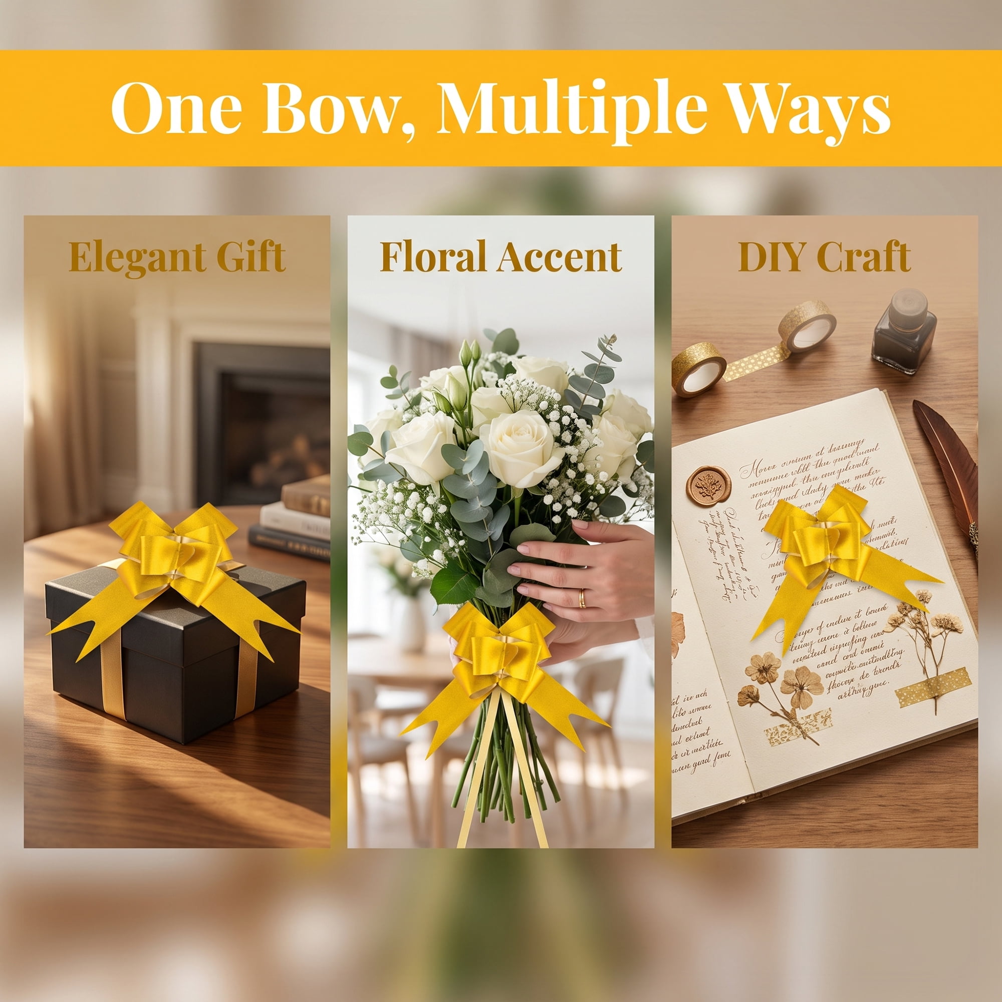 Unique Bargains Crush-resistant Metallic-finish Ribbon Bow for Elegant Gift Wrapping Gold