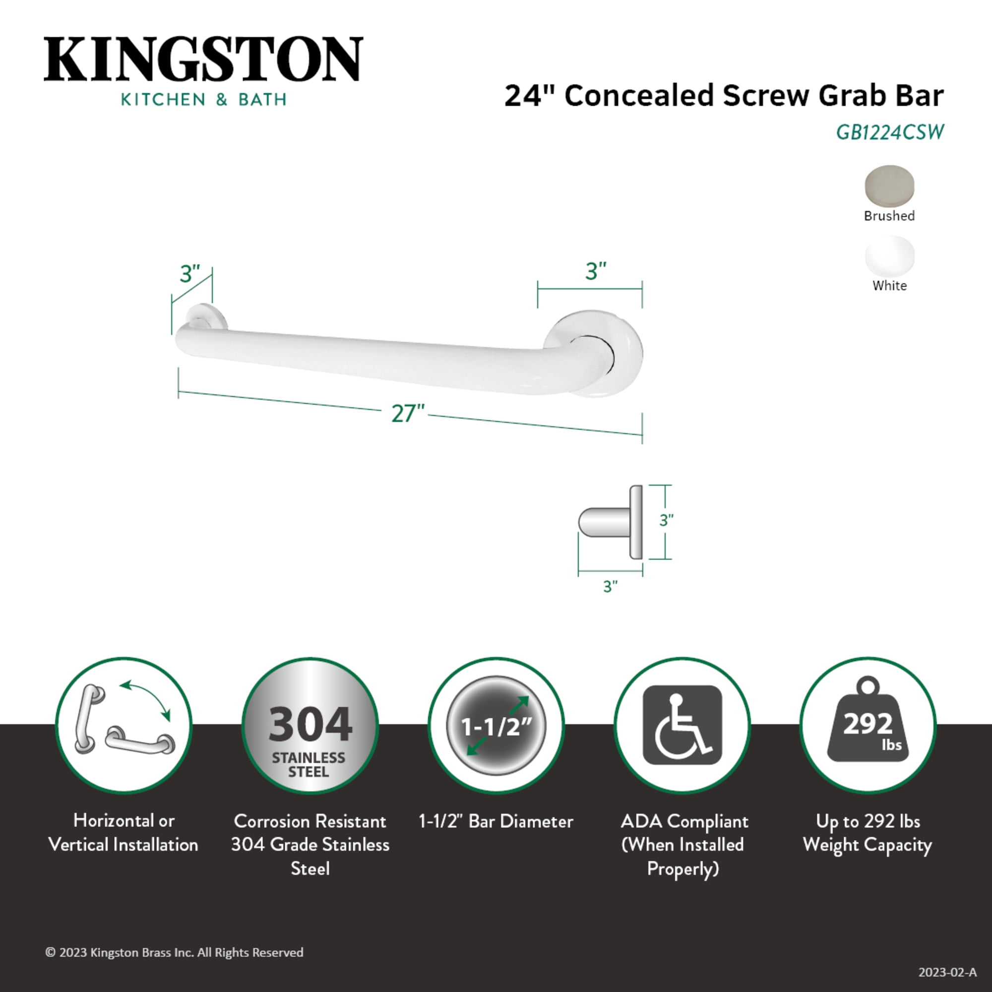 Kingston Brass GB1224CSW Made To Match 24-Inch x 1-1/2-Inch O.D. Stainless Steel ADA Grab Bar in White