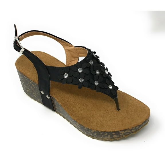 Victoria K Women's Daisy Flowers With Rhinestones Cork Wedge Sandals
