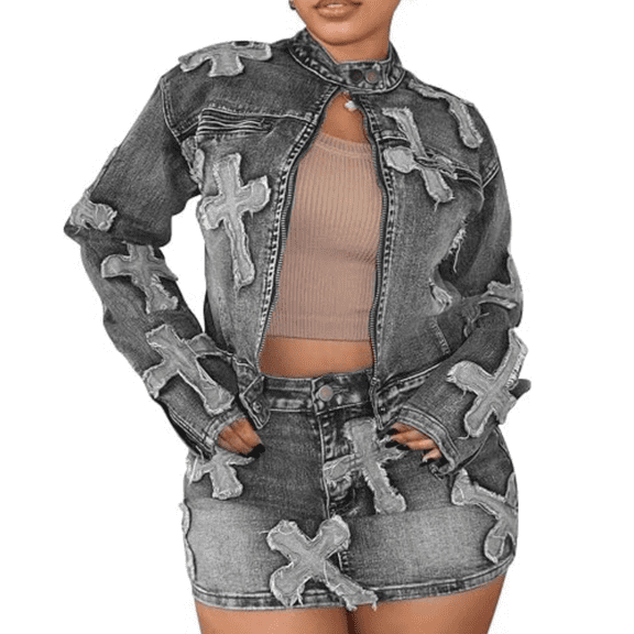 Women's 2 Piece Denim Outfits Y2K Cross Patchwork Zip Up Denim Jacket and Mini Skirt Set Streetwear Clubwear