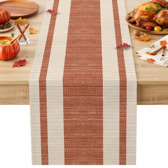 Kitchen Table Runner 90 Inches Long, Fall Burnt Orange Stripe Cotton Linen Table Runners for Dining Tables Home Holiday Party Wedding, Retro Linen Tabletop Scarf